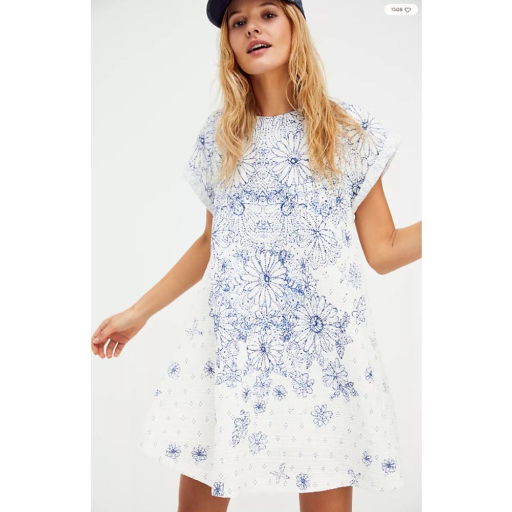 Free People PINWHEEL Floral Open Tie Back Mini Dress in Blue White S NWOT $148